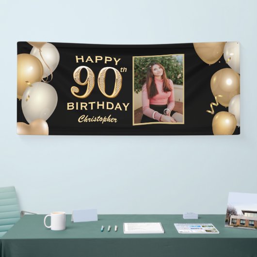 90th Birthday Party Black and Gold Balloons Foto Spandoek (Beurs)