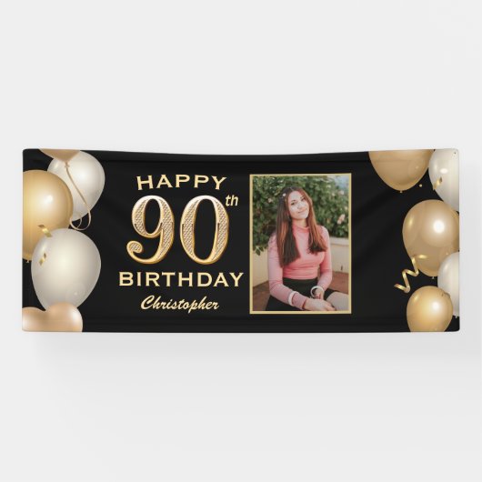90th Birthday Party Black and Gold Balloons Foto Spandoek (Horizontaal)