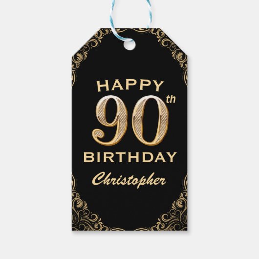 90th Birthday Party Black and Gold Glitter Lijst Cadeaulabel (Voorkant)