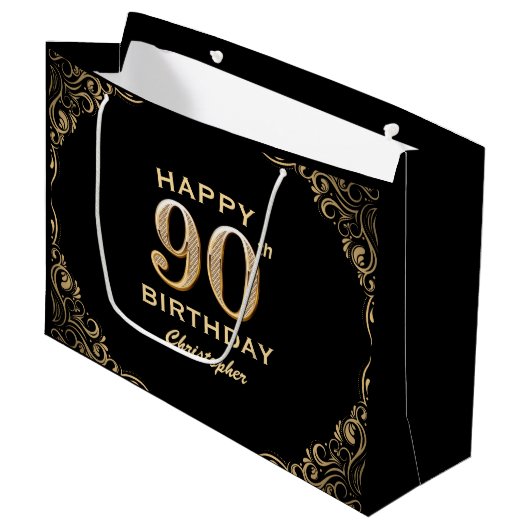 90th Birthday Party Black and Gold Glitter Lijst Groot Cadeauzakje (Voorkant Gekanteld)