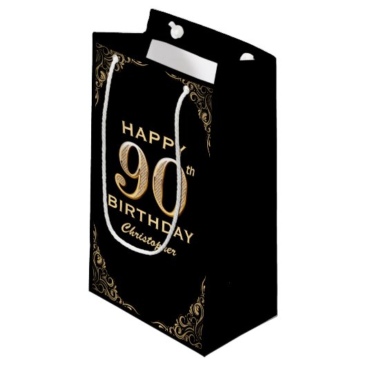 90th Birthday Party Black and Gold Glitter Lijst Klein Cadeauzakje (Voorkant Gekanteld)