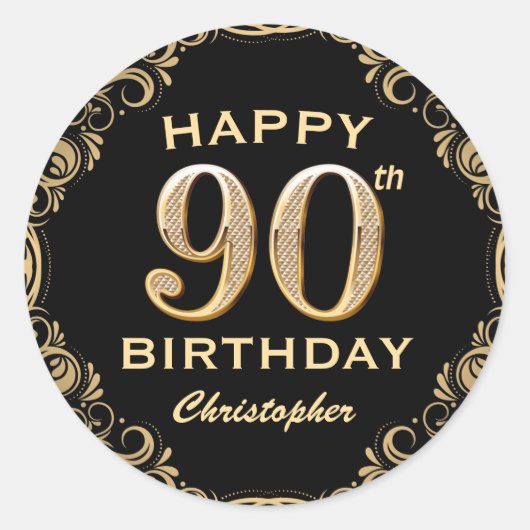 90th Birthday Party Black and Gold Glitter Lijst Ronde Sticker (Voorkant)