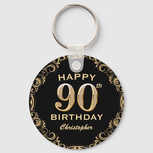 90th Birthday Party Black and Gold Glitter Lijst Sleutelhanger (Voorkant)