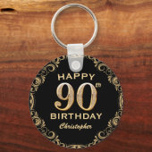 90th Birthday Party Black and Gold Glitter Lijst Sleutelhanger (Voorkant)