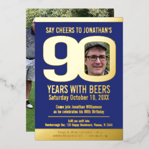 90th Birthday party blue gold folie foto bier Folie Uitnodiging