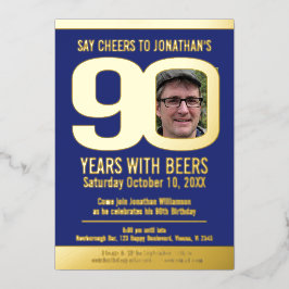 90th Birthday party blue gold folie foto bier Uitnodiging