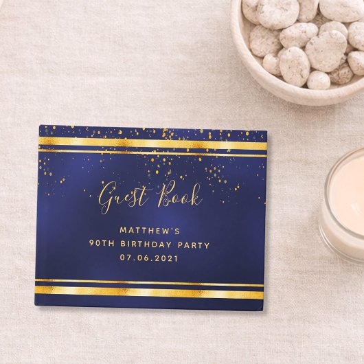 90th Birthday Party dark blue gold confetti Gastenboek