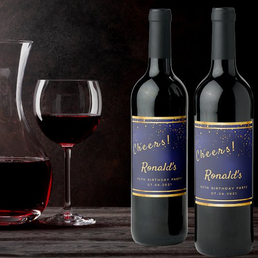 90th Birthday party dark navy blue gold cheers Wijn Etiket