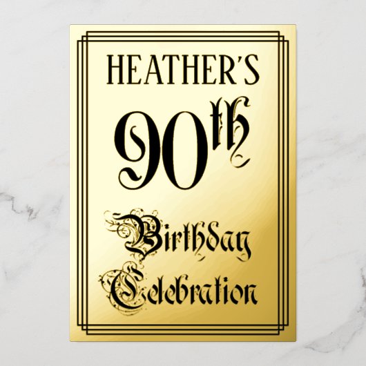 90th Birthday Party — Elegant Script + aangepaste  Folie Uitnodiging (Voorkant)