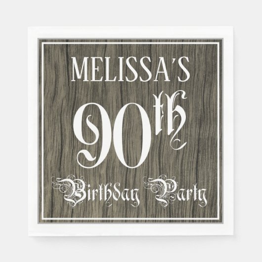 90th Birthday Party — Fancy script, Faux Wood Kijk Servet (Voorkant)