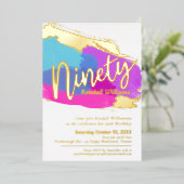 90th Birthday party gouden foto heldere abstracte  Folie Uitnodiging (Staand Voorkant)