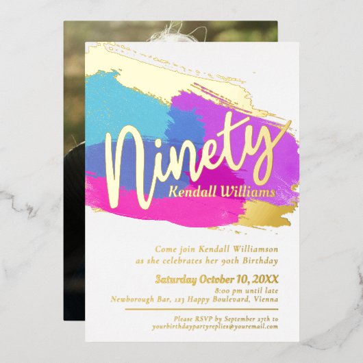 90th Birthday party gouden foto heldere abstracte  Folie Uitnodiging (Voorkant / Achterkant)