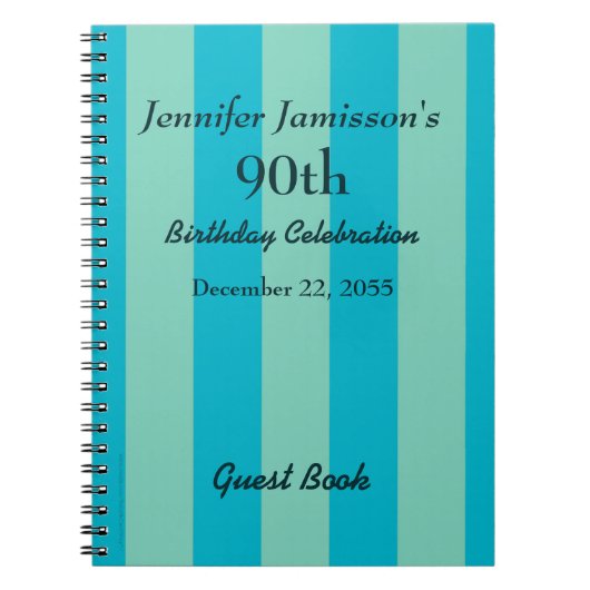 90th Birthday Party Guest Book Blue & Green Stripe Notitieboek (Voorkant)