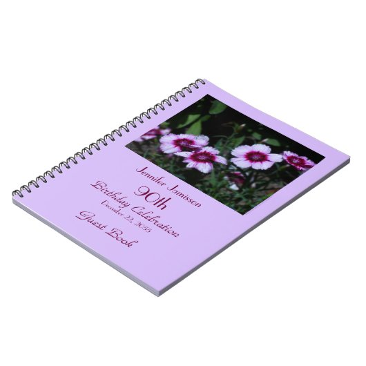 90th Birthday Party Guest Book, Purple Flowers Notitieboek (Linkerzijde)