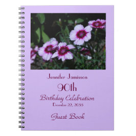 90th Birthday Party Guest Book, Purple Flowers Notitieboek