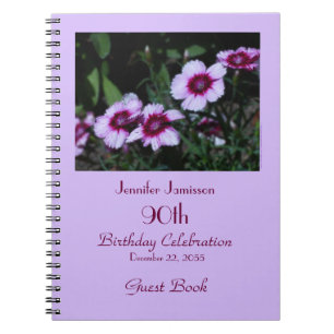 90th Birthday Party Guest Book, Purple Flowers Notitieboek