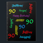 90th Birthday Party Guest Book, Repat Name Black Notitieboek<br><div class="desc">Wat een prachtig, gepersonaliseerd gastboek voor een 90ste verjaardagsfeestje of een andere gelegenheid. Op de omslag, herhalen de Naam en de Leeftijd in verschillende doopvonten en primaire kleuren op een zwarte achtergrond. Gemakkelijk om te personaliseren - enkel de NAAM, de LEEFTIJD, en de OCCASIE van de VERANDERING op ÉÉN PLAATS....</div>