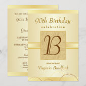 90th Birthday Party Invitation - Damask Monogram Kaart (Voorkant / Achterkant)