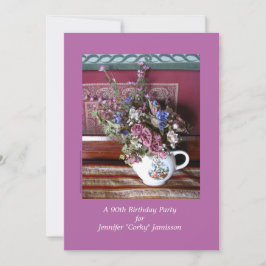90th Birthday Party Invitation, Flowers in Teapot Kaart