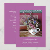 90th Birthday Party Invitation, Flowers in Teapot Kaart (Voorkant / Achterkant)