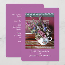90th Birthday Party Invitation, Flowers in Teapot Kaart