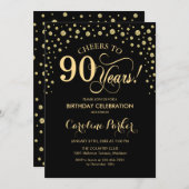 90th Birthday Party Invitation - Gold Black Kaart (Voorkant / Achterkant)