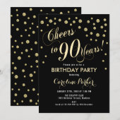 90th Birthday Party Invitation - Gold Black Kaart (Voorkant / Achterkant)