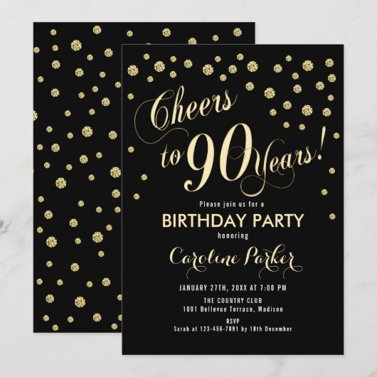 90th Birthday Party Invitation - Gold Black Kaart (Voorkant / Achterkant)