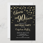 90th Birthday Party Invitation - Gold Black Kaart<br><div class="desc">90e verjaardag Uitnodiging voor vrouwen of mannen. Elegant design met faux glitter Gold en zwart. Kenmerkt manuscriptdoopvont en confetti. Cheers tot 90 jaar! Ideaal voor een stijlvolle mijlpaal op de dag van de dag.</div>