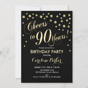 90th Birthday Party Invitation - Gold Black Kaart