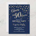 90th Birthday Party Invitation - Gold Navy Kaart<br><div class="desc">90e verjaardag Uitnodiging voor vrouwen of mannen. Elegant ontwerp met faux glitter Gold en marine. Kenmerkt manuscriptdoopvont en confetti. Cheers tot 90 jaar! Ideaal voor een stijlvolle mijlpaal op de dag van de dag.</div>