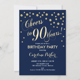 90th Birthday Party Invitation - Gold Navy Kaart