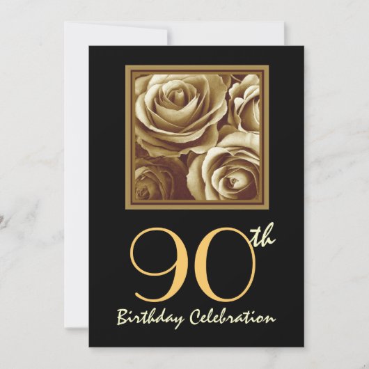 90th Birthday Party Invitation Gold Rose Bouquet Kaart (Voorkant)