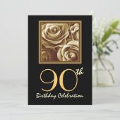 90th Birthday Party Invitation Gold Rose Bouquet Kaart (Staand voorkant)