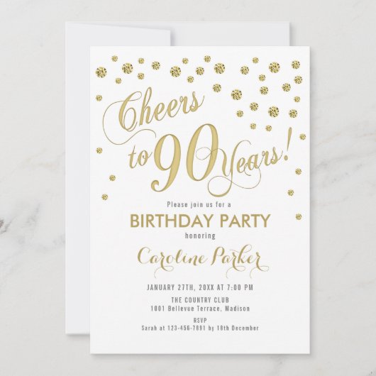 90th Birthday Party Invitation - Gold White Kaart (Voorkant)