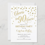 90th Birthday Party Invitation - Gold White Kaart<br><div class="desc">90e verjaardag Uitnodiging voor vrouwen of mannen. Elegant ontwerp met faux glitter Gold en white. Kenmerkt manuscriptdoopvont en confetti. Cheers tot 90 jaar! Ideaal voor een stijlvolle mijlpaal op de dag van de dag.</div>