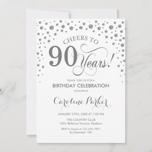 90th Birthday Party Invitation - Silver White Kaart (Voorkant)