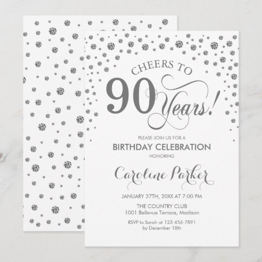 90th Birthday Party Invitation - Silver White Kaart (Voorkant / Achterkant)