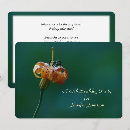 90th Birthday Party Invitation, Yellow Lily Kaart (Voorkant / Achterkant)