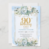 90th Birthday Party Invite Elegant Dusty Blue Kaart (Voorkant)