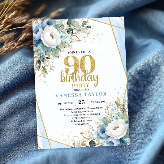 90th Birthday Party Invite Watercolor Blue Flowers Kaart
