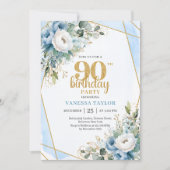 90th Birthday Party Invite Watercolor Blue Flowers Kaart (Voorkant)