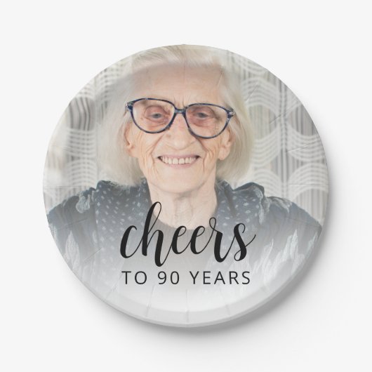 90th Birthday Party Photo Black Script Cheers Papieren Bordje (Voorkant)