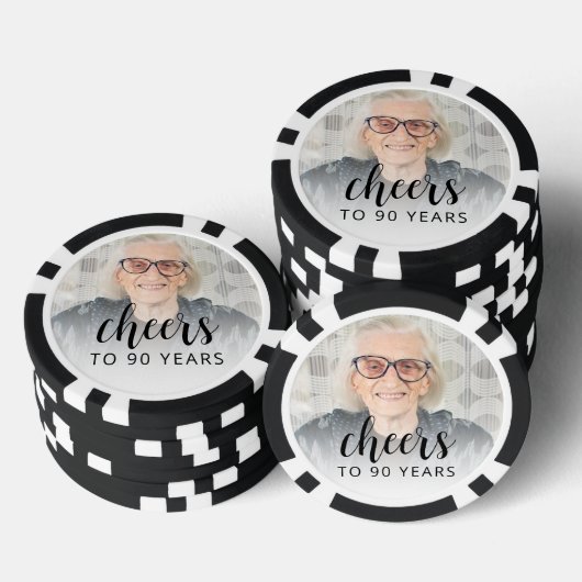 90th Birthday Party Photo Black Script Cheers Poker Chips (Opstapeling)
