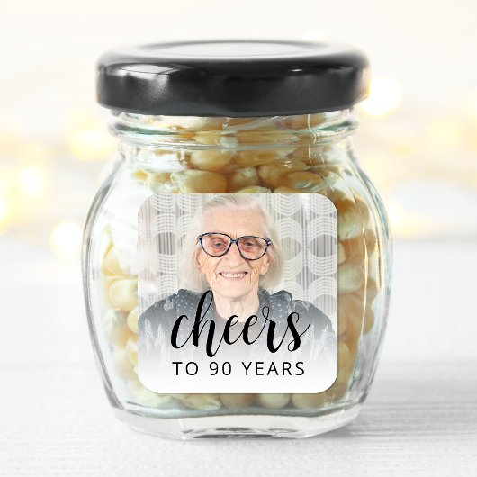 90th Birthday Party Photo Black Script Cheers Vierkante Sticker