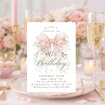 90th Birthday Party Pink Coquette Bow Rose Floral Kaart<br><div class="desc">A large blush pink coquette bow is decorated with elegant pink roses on this birthday invitation. Classic script calligraphy lets your guests know it's a milestone birthday. Easy to personalize with your party details.</div>