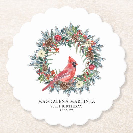 90th Birthday Party Red Cardinal Wreath Custom Kartonnen Onderzetters (Voorkant)