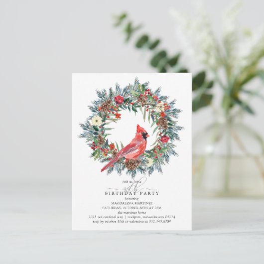 90th Birthday Party Red Cardinal Wreath Uitnodiging Briefkaart (Staand voorkant)