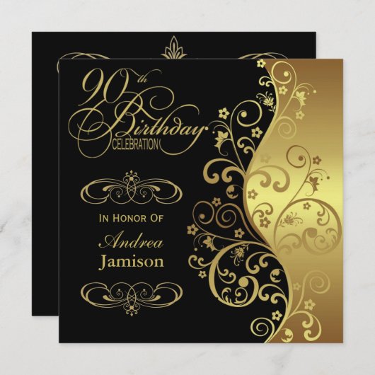 90th Birthday Party - uitnodiging voor zwart en go (Voorkant / Achterkant)