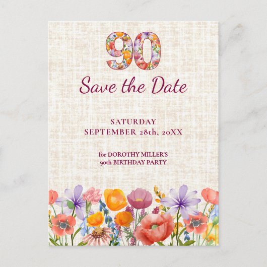 90th Birthday Party - Wildflower Save the Date Aankondigingskaart (Voorkant)